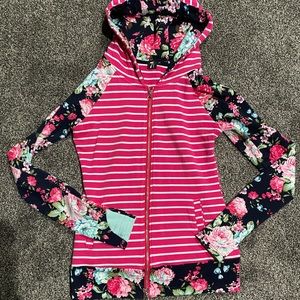 Mixed pattern floral stripe zip up hoodie long sleeve shirt top